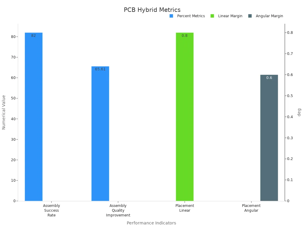 Bar chart showing percentages and error margins for PCB hybrid assembly performance