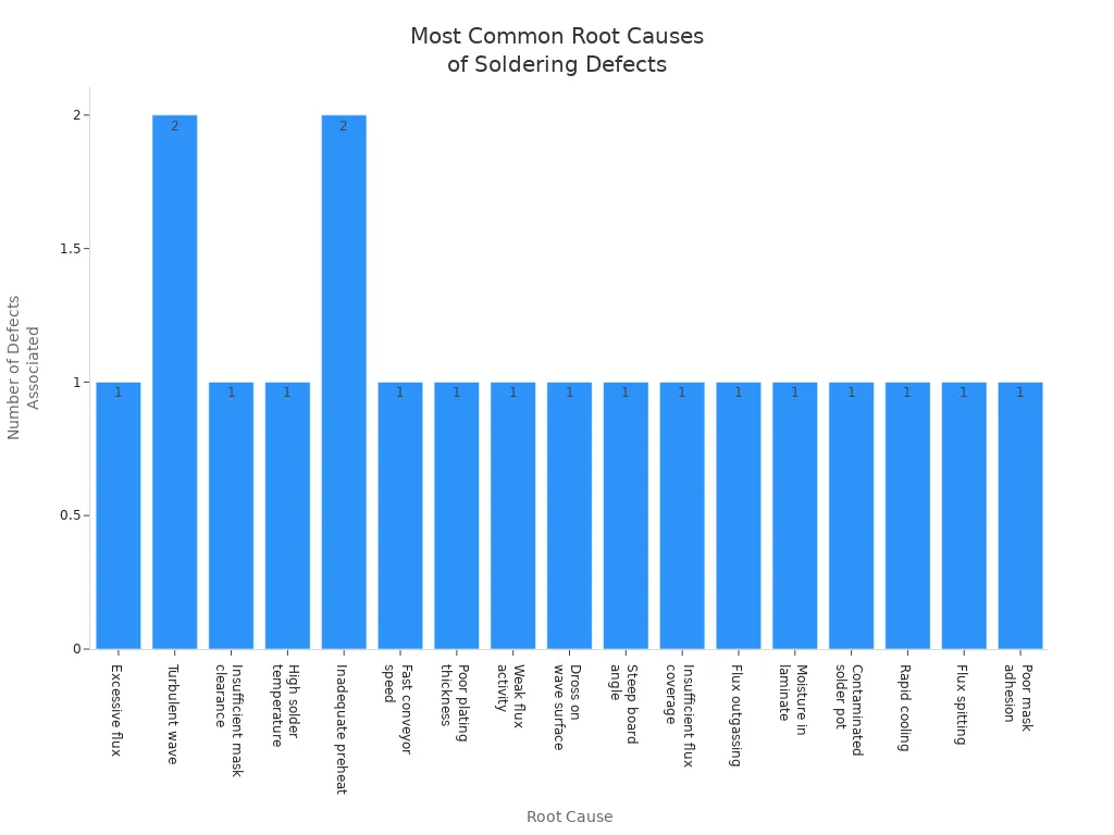 Bar chart showing the frequency of each root cause linked to through-hole soldering defects Bar chart showing the frequency of each root cause linked to through-hole soldering defects