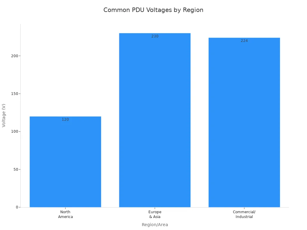 Bar chart comparing common PDU voltages in North America, Europe & Asia, and Commercial/Industrial regions