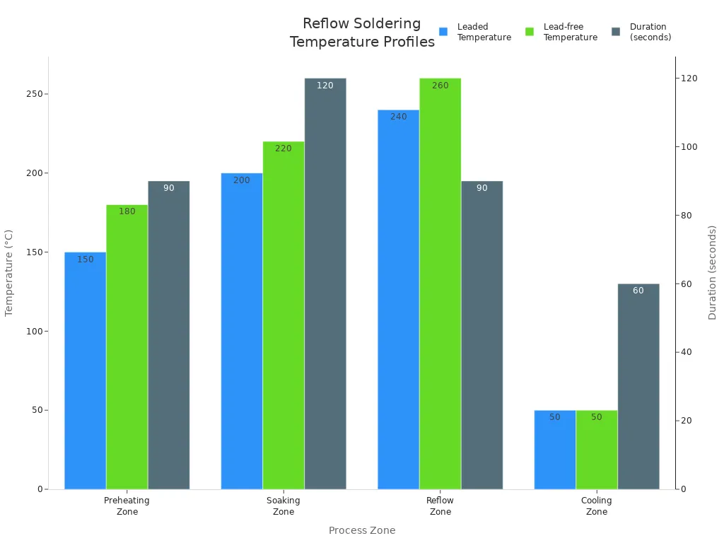 Bar chart showing recommended temperature and duration for each reflow soldering zone