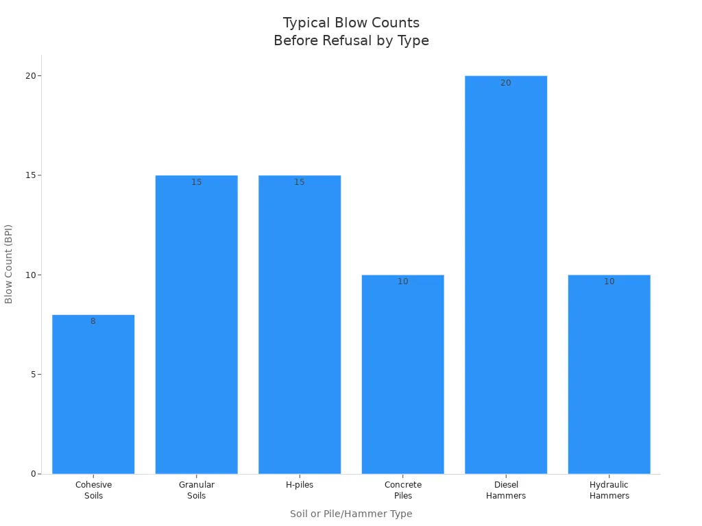 Bar chart showing maximum blow counts before refusal for various soil types and pile or hammer types.