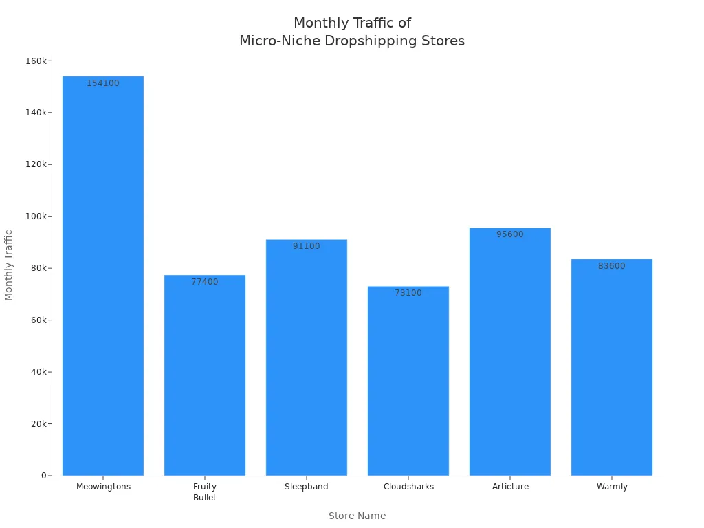 Bar chart comparing monthly traffic of six successful micro-niche dropshipping stores