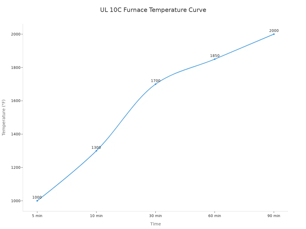 Line chart showing furnace temperature requirements over time for UL 10C positive pressure fire door test