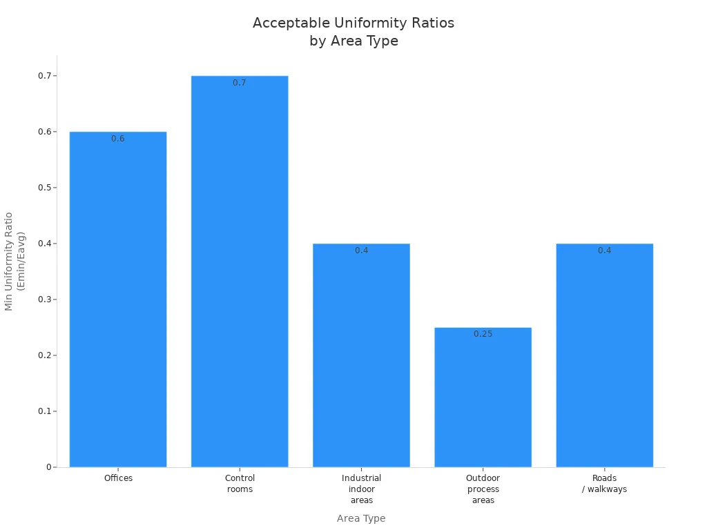 Bar chart comparing acceptable uniformity ratios for different area types in lighting design