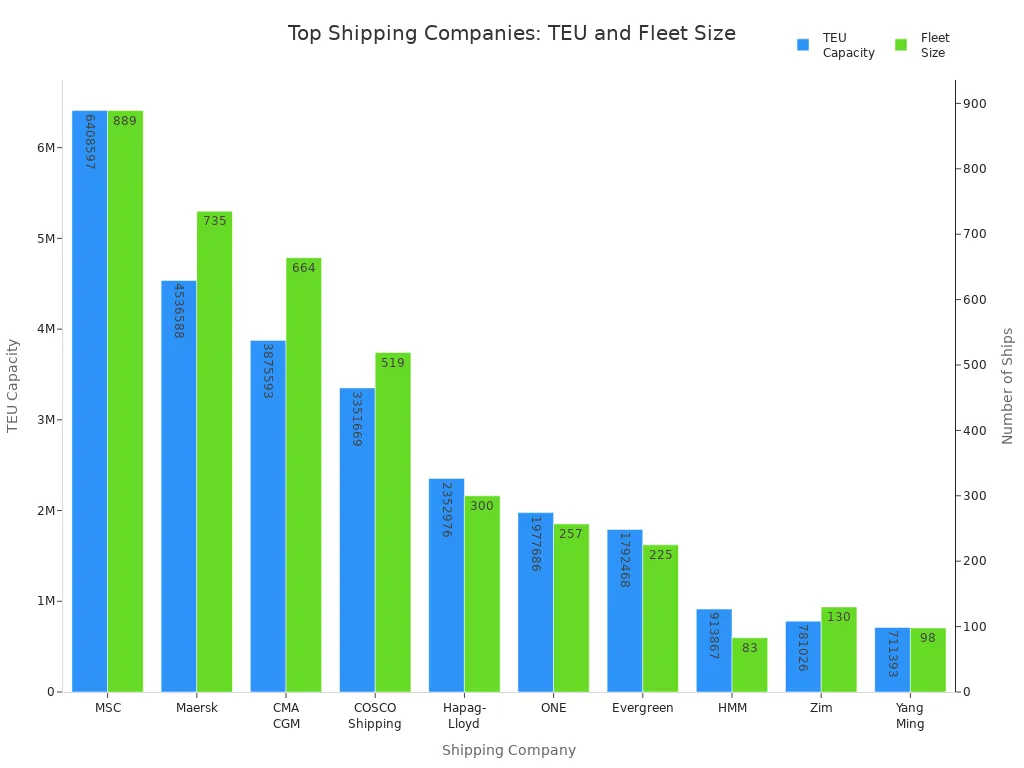 Bar chart comparing TEU capacity and fleet size of top shipping companies