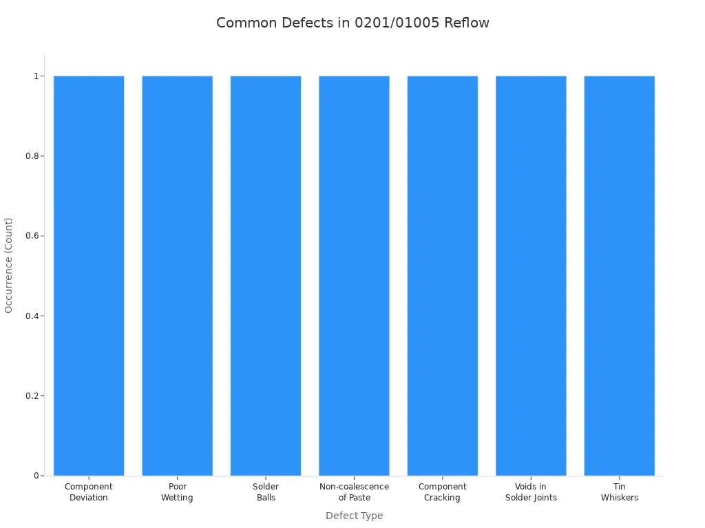 Bar chart showing seven common reflow defects for 0201 and 01005 components