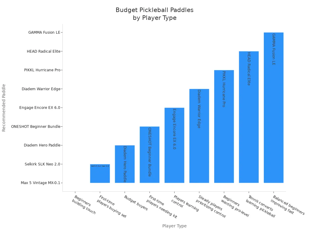Bar chart showing recommended budget pickleball paddles for different player types