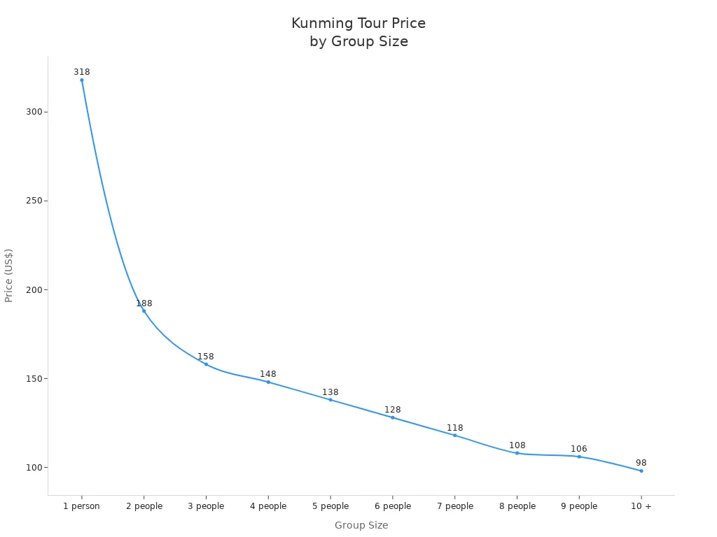 Line chart showing tour price per person decreasing as group size increases