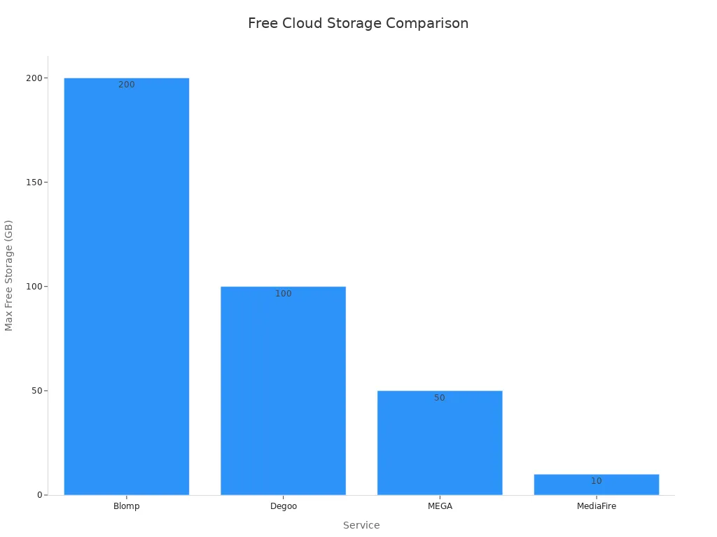 Bar chart comparing maximum free storage of Blomp, Degoo, MEGA, and MediaFire