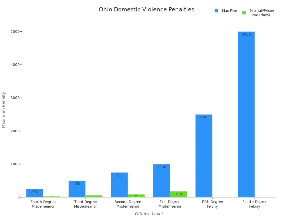 Bar chart comparing maximum fines and jail times for Ohio domestic violence offenses