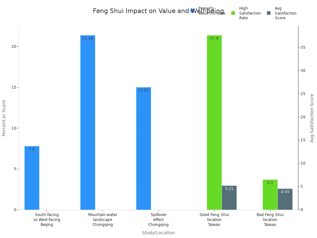 Bar chart comparing property value increases and resident satisfaction linked to feng shui principles across studies.