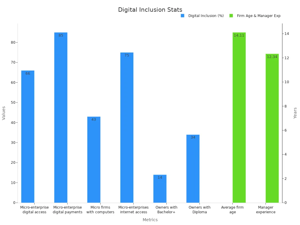 Bar chart of digital inclusion percentages and average firm metrics
