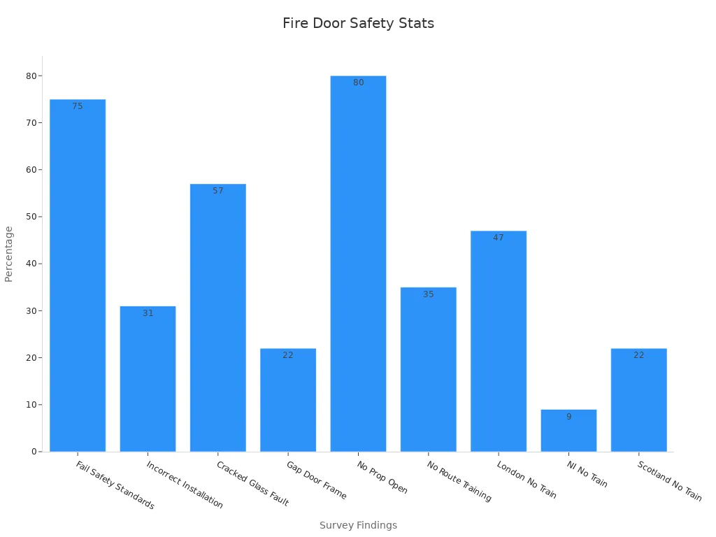10 Expert Tips for Solving Common Hospital Fire Door Problems | Foshan Qi'an Fireproof Shutter Doors Co.,Ltd. Bar chart showing fire door survey percentages across various safety and training measures