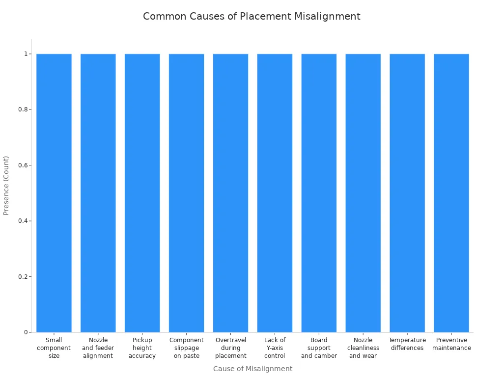 Bar chart showing the most common causes of placement misalignment for 0201 and 01005 components