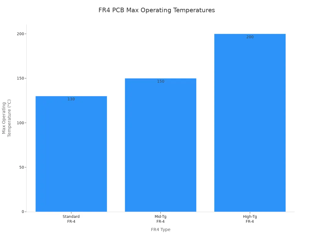 Bar chart showing max operating temperatures for Standard, Mid-Tg, and High-Tg FR4 PCB types