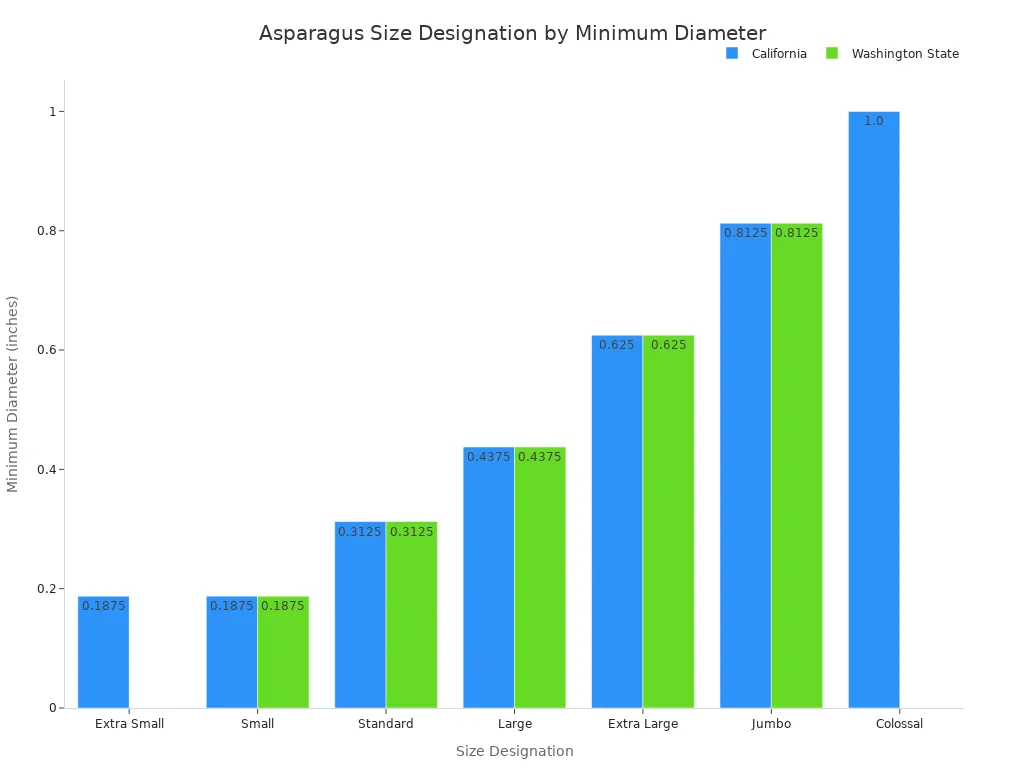A bar chart comparing the minimum diameter in inches for different asparagus size designations in California and Washington State. California has sizes from Extra Small to Colossal, while Washington's range from Small to Jumbo.