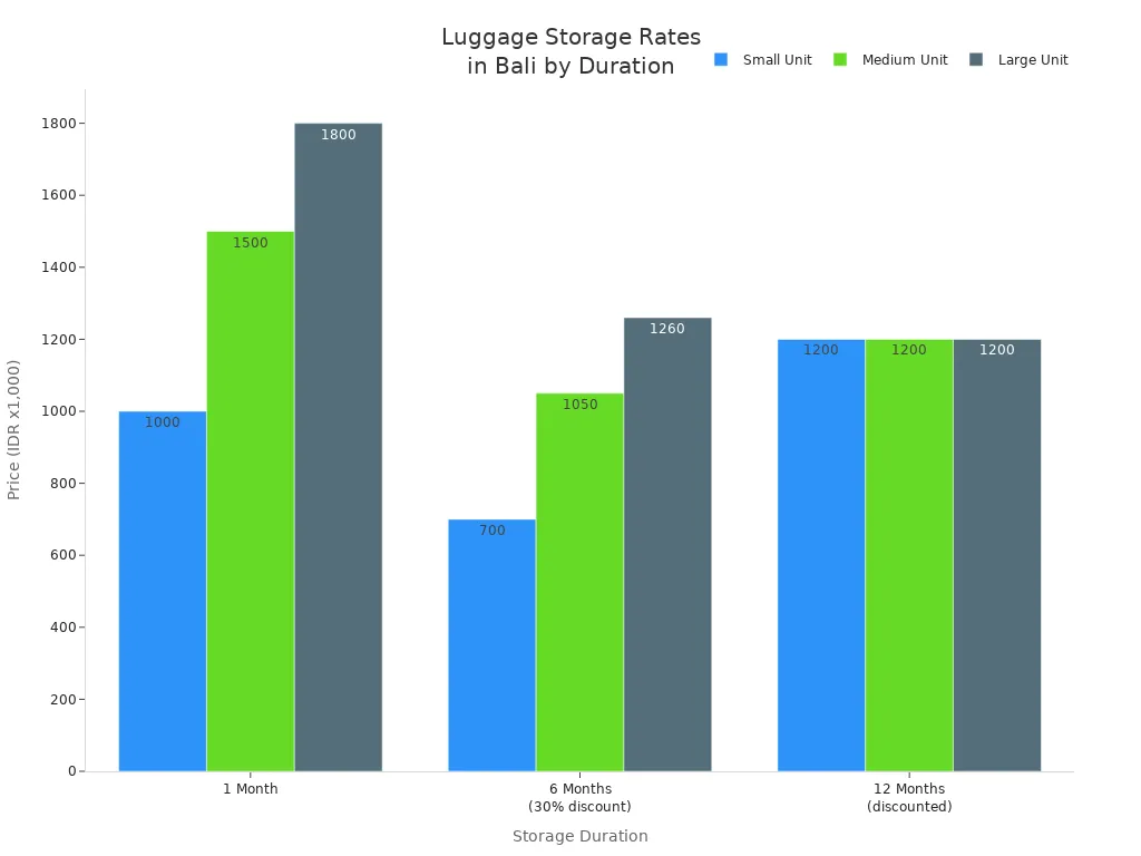 Bar chart comparing Bali luggage storage rates for small, medium, and large units across 1, 6, and 12 months.