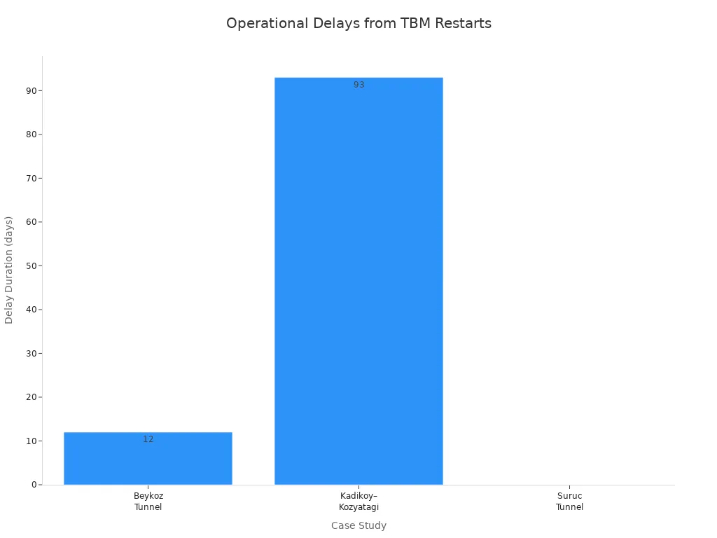 Bar chart comparing operational delays in days for three TBM case studies