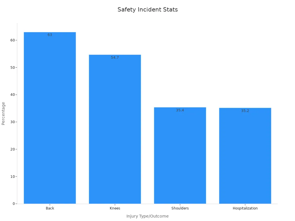 Bar chart with categories Back, Knees, Shoulders, Hospitalization and their corresponding percentages showing safety incident statistics in rice milling operations.