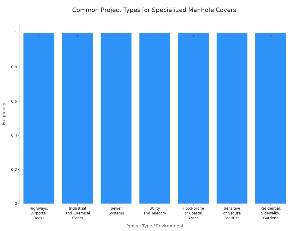 Bar chart showing seven project types requiring specialized manhole cover grating