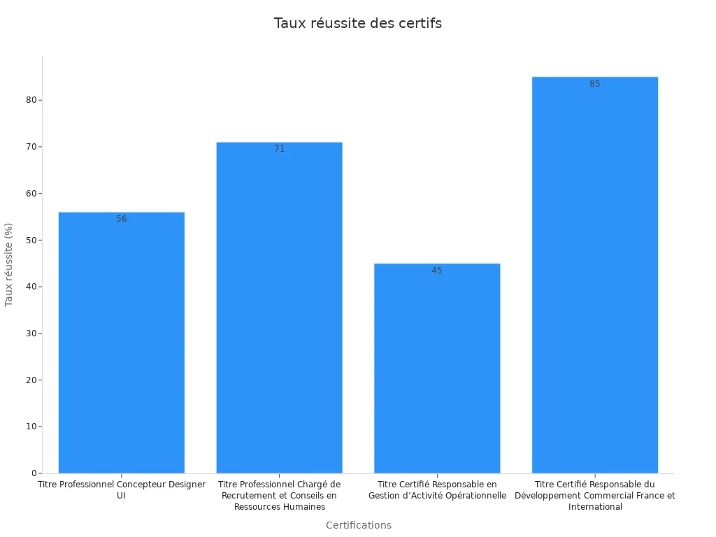 Graphique à barres montrant les taux de réussite des certifications professionnelles dans le digital