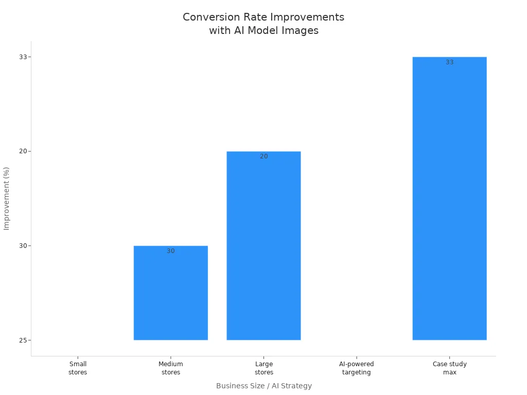 Bar chart showing conversion rate and ROAS improvements for different business sizes and AI strategies in e-commerce